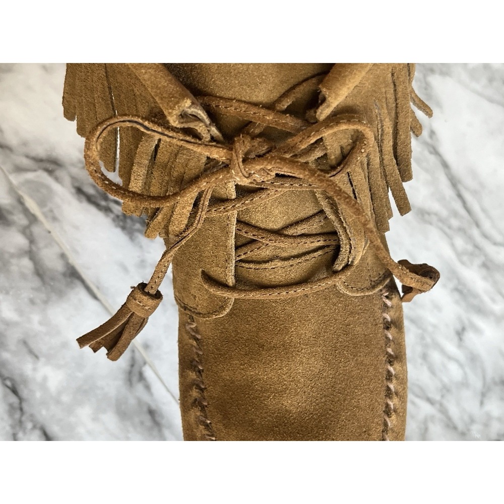 Minnetonka Fringe Moccasin Ankle Boots Brown Suede Southwestern Tie Boho 7.5 - Picture 6 of 9